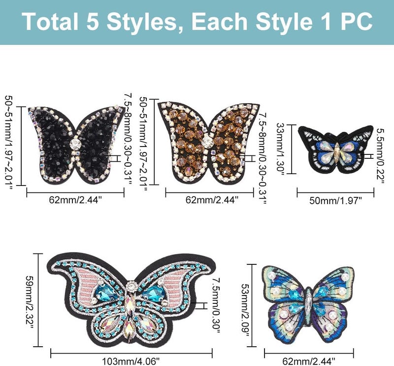 AHANDMAKER 5Pcs Rhinestone Butterfly Beaded Applique Patches, 5 Style Butterfly Sew On Rhinestone Beaded Patches Decorative Applique Patch for DIY Craft Party Dress Jeans Jackets Clothing Accessory - Image 2